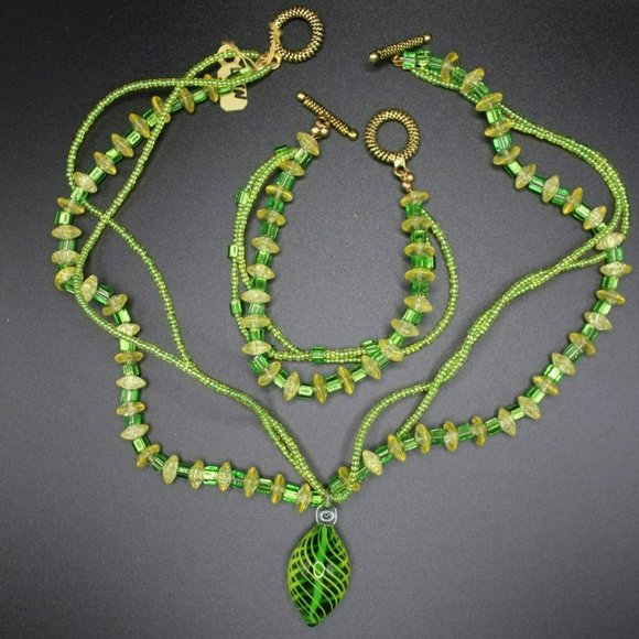 Vintage Three Strand Necklace Bracelet Set Blown Glass Pendent Beaded Gold Tone - Picture 1 of 6